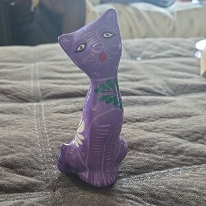 Mexican Pottery Folk Art Purple Cat Figurine Hand Painted Terra Cotta Clay 6”
